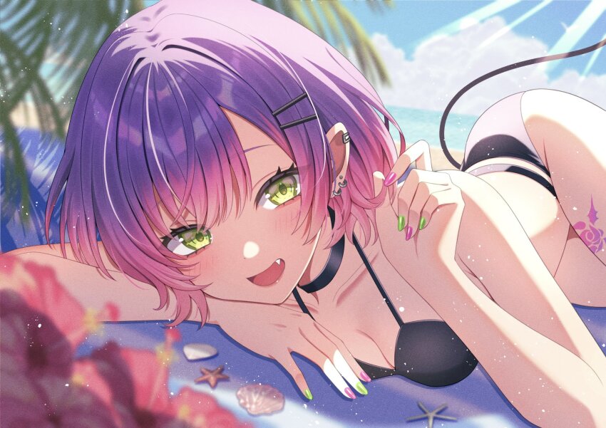 1girl :d alternate_costume bikini black_bikini black_choker blue_sky blurry blurry_background blurry_foreground breasts choker cleavage commentary day demon_girl demon_tail depth_of_field ear_piercing earclip earrings fang gradient_hair green_eyes green_nails hair_ornament hairclip hand_up hashtag-only_commentary highres hololive jewelry leg_tattoo looking_at_viewer lying medium_breasts multicolored_hair nail_polish nametakeko open_mouth outdoors palm_leaf parted_bangs piercing pink_hair pink_nails pointy_ears purple_hair short_hair sky smile solo swimsuit tail tattoo tokoyami_towa twirling_hair virtual_youtuber
