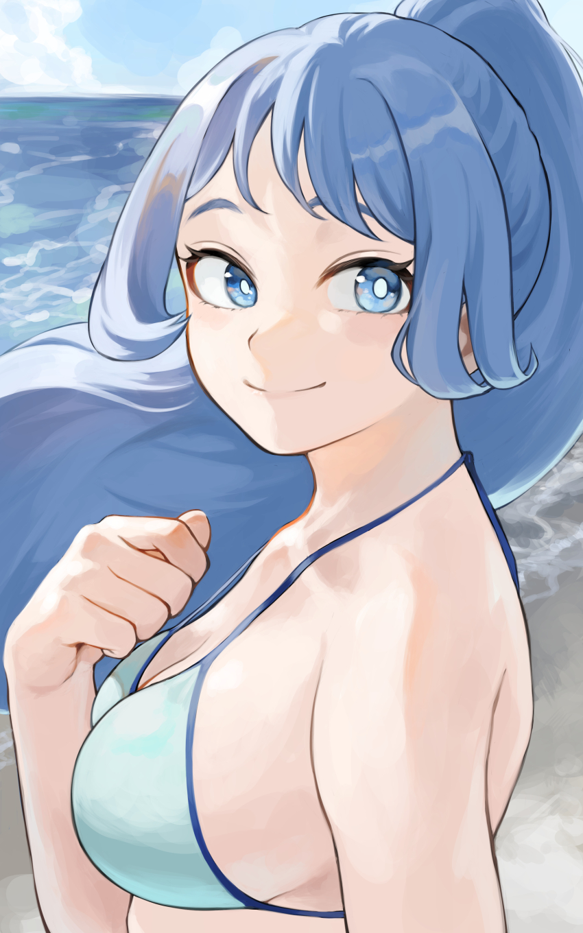 1girl absurdres bikini blue_bikini blue_eyes blue_hair blue_sky boku_no_hero_academia breasts closed_mouth day fengling_(furin-jp) from_side hado_nejire high_ponytail highres large_breasts long_hair outdoors ponytail sky smile solo strap_gap swimsuit