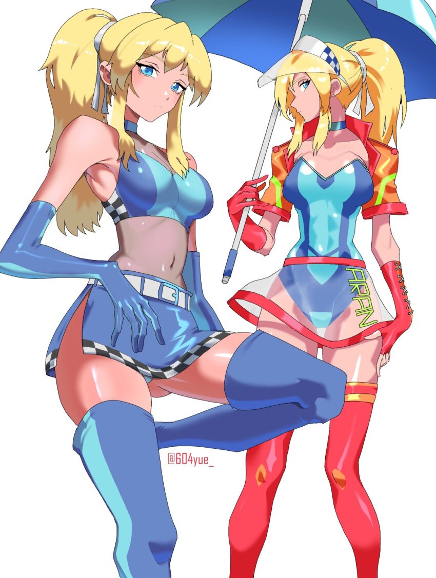 1girl 604yue blonde_hair blue_choker blue_eyes blue_gloves blue_leotard blue_thighhighs breasts choker crop_top cropped_jacket elbow_gloves gloves hair_ribbon highres holding holding_umbrella jacket large_breasts leotard long_hair metroid miniskirt navel nintendo ponytail race_queen red_gloves red_jacket red_thighhighs ribbon samus_aran see-through_clothes see-through_skirt short_sleeves side_slit skirt sleeveless strapless strapless_leotard thighhighs umbrella visor_cap white_ribbon