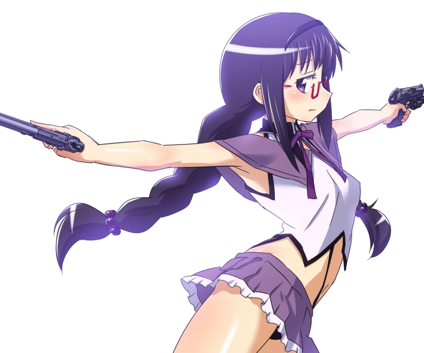 10s 1girl adapted_costume akemi_homura akemi_homura_(magical_girl) an/peq-6 beretta_92 black_hair black_panties braid cocked_hammer crop_top dual_wielding female_focus flashlight glasses gun h&amp;k_mark_23 hairband handgun heckler_&amp;_koch holding holding_gun holding_weapon insight_technology laser_aiming_module laser_pointer laser_sight long_hair looking_at_viewer mahou_shoujo_madoka_magica mahou_shoujo_madoka_magica_(anime) match_grade match_grade_firearm match_grade_pistol midriff miniskirt navel offensive_handgun panties pantyshot purple_eyes red-framed_eyewear revealing_clothes sat-c semi-rimless_eyewear shiny_skin simple_background skirt solo tactical_light trigger_discipline twin_braids under-rim_eyewear underwear upskirt weapon white_background