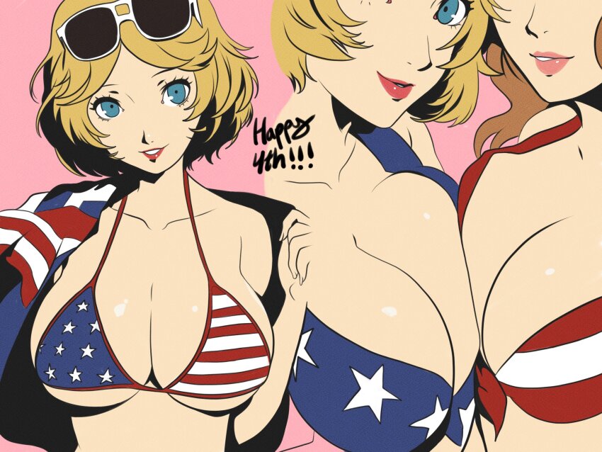 2girls american_flag american_flag_bikini american_flag_print bikini blonde_hair blue_eyes blue_jacket breast_press breasts brown_hair character_request cleavage collarbone copyright_request eyewear_on_head flag_print flag_print_bikini fourth_of_july highres jacket lips multiple_girls print_bikini short_hair smile sunglasses swimsuit symmetrical_docking windriftdraws