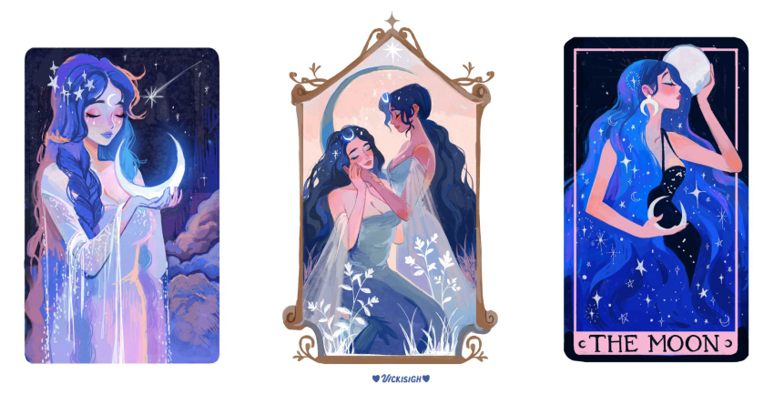 4girls artist_name black_dress black_hair blue_dress blue_hair blue_lips braid breasts cleavage closed_eyes cloud commentary crescent crescent_hair_ornament dress grass hair_ornament highres large_breasts long_hair medium_breasts moon multiple_girls original red_lips shooting_star strapless strapless_dress symbol-only_commentary twin_braids very_long_hair vicki_tsai wavy_hair