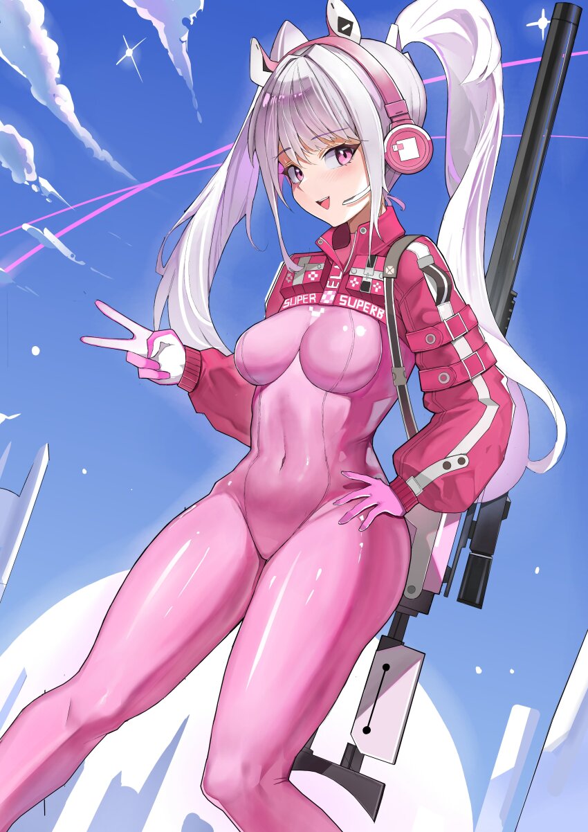 1girl :d absurdres alice_(nikke) animal_ear_headphones animal_ears bodysuit breasts covered_navel cropped_jacket djan fake_animal_ears feet_out_of_frame gloves goddess_of_victory:_nikke grey_hair gun hair_intakes hand_on_own_hip headphones headset highres holding_behind_back holding_weapon_behind_back impossible_bodysuit impossible_clothes jacket latex latex_bodysuit light_blush long_hair looking_at_viewer medium_breasts open_mouth outdoors pink_bodysuit pink_eyes pink_gloves pink_headphones puffy_sleeves red_jacket rifle sidelocks skin_tight sky smile sniper_rifle solo twintails two-tone_gloves v weapon weapon_on_back white_gloves