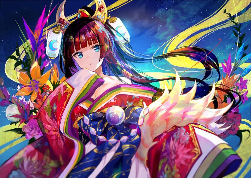 1girl black_hair blue_eyes blunt_bangs blurry breasts cleavage cloud crescent crescent_hair_ornament floating_hair flower fuzichoco hair_ornament hair_ribbon hime_cut japanese_clothes kaguya_hime kimono layered_clothes long_hair long_sleeves lotus medium_breasts moon night night_sky off_shoulder original ribbon sky sleeves_past_fingers sleeves_past_wrists solo star_(sky) starry_sky taketori_monogatari tress_ribbon upper_body wide_sleeves