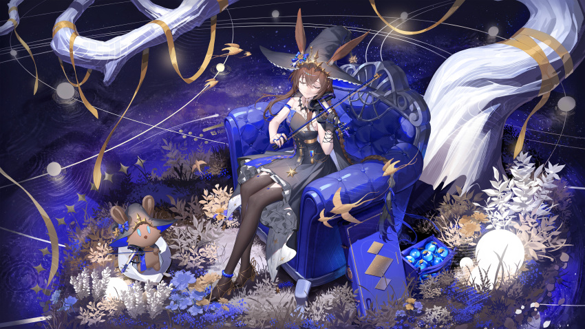 1girl absurdres ambience_synesthesia amiya_(arknights) amiya_(medic)_(arknights) amiya_(medic)_(solo_around_the_world)_(arknights) animal_ears arknights armlet black_cape black_dress black_gloves black_hat bow_(music) braid brown_hair brown_pantyhose cape closed_eyes closed_mouth couch crossed_bangs dress ears_through_headwear full_body glint gloves gold hair_between_eyes hat highres holding holding_instrument holding_violin instrument jewelry long_hair music official_alternate_costume on_couch pantyhose playing_instrument ribbon ring single_glove sitting smile soho_(user_dphk5745) solo violin witch_hat yellow_ribbon