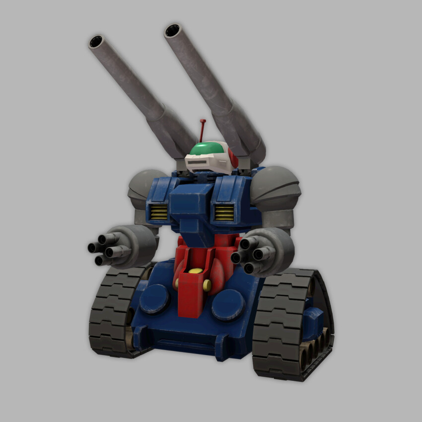 3d arm_cannon cannon caterpillar_tracks chibi commentary concept_art damaged english_commentary grey_background gundam guntank highres mecha mobile_suit mobile_suit_gundam no_humans radio_antenna realistic reistarks robot science_fiction shoulder_cannon solo weapon