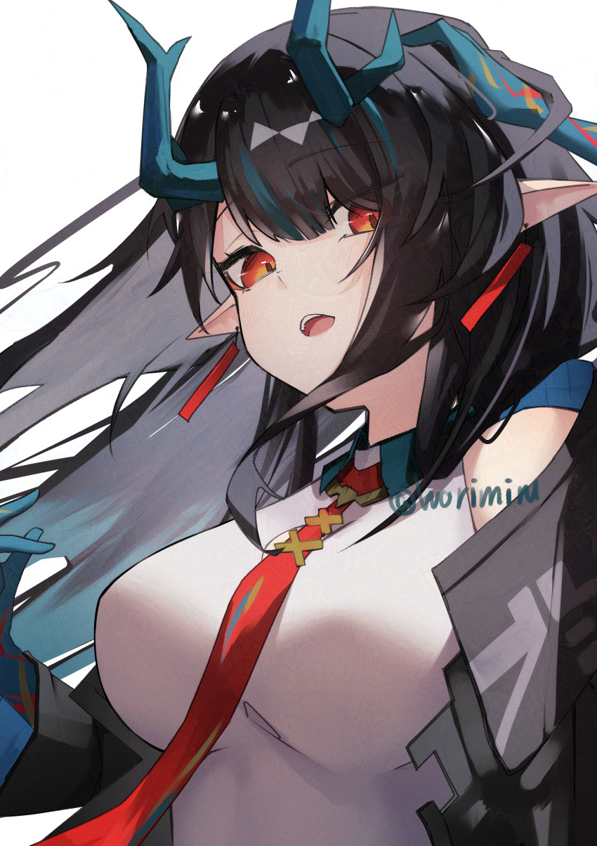 1girl absurdres adversarial_noise aqua_hair arknights black_hair colored_inner_hair commentary dragon_girl dragon_horns dusk_(arknights) earrings floating_hair grey_hair highres horns jewelry long_hair looking_at_viewer multicolored_hair necktie open_mouth orange_eyes pointy_ears red_necktie simple_background solo teeth twitter_username upper_body upper_teeth_only watermark white_background worimehl