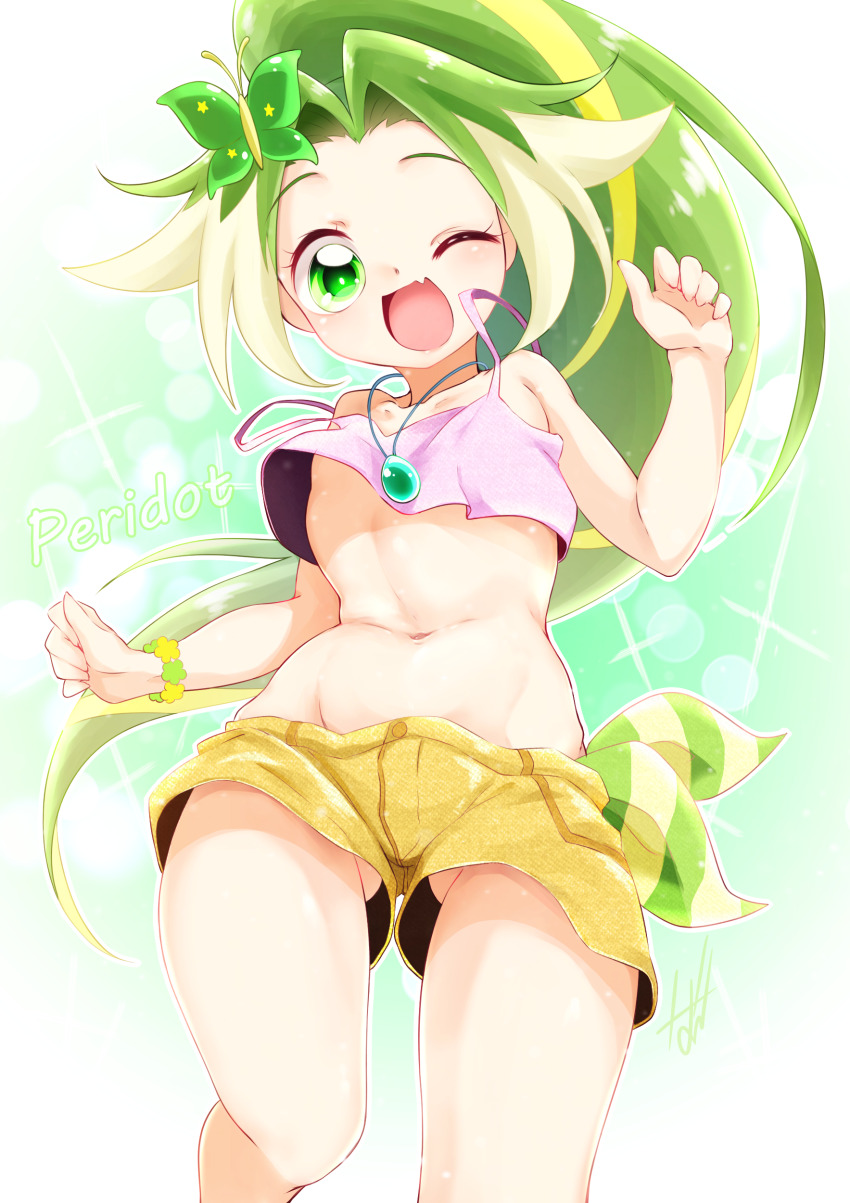 1girl :d absurdres bracelet butterfly_hair_ornament character_name commentary_request cowboy_shot crop_top fang flat_chest from_below gluteal_fold green_eyes green_hair green_theme hair_ornament highres humanization jewelpet_(series) jewelpet_magical_change jewelry long_hair master_nabesama midriff navel necklace one_eye_closed open_mouth peridot_(jewelpet) pink_tank_top ponytail short_shorts shorts skin_fang smile solo sparkle standing stomach tank_top very_long_hair