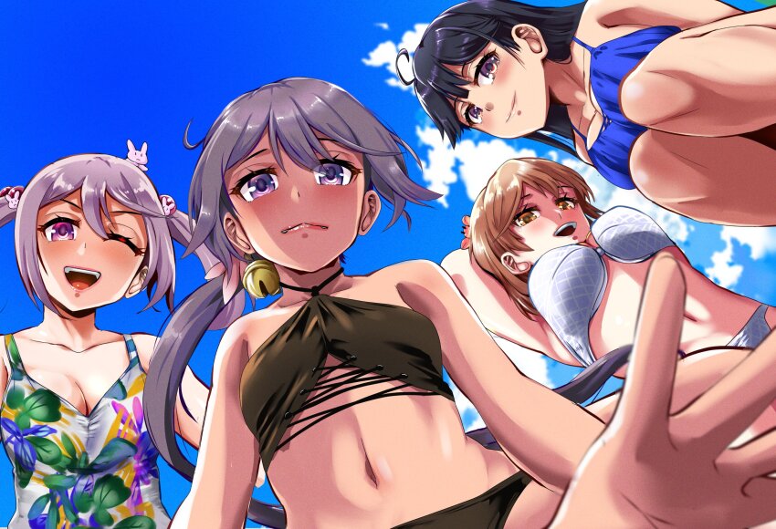 4girls ahoge akebono_(kancolle) alternate_costume animal animal_on_head bell bikini bikini_day black_bikini black_hair blue_one-piece_swimsuit blue_sky breasts brown_eyes brown_hair casual_one-piece_swimsuit cleavage cloud crab crab_on_head floral_print flower from_below hair_bell hair_flower hair_ornament halterneck highres jingle_bell kantai_collection medium_breasts medium_hair multiple_girls navel oboro_(kancolle) on_head one-piece_swimsuit one_eye_closed pink_eyes purple_hair rabbit rabbit_on_head sazanami_(kancolle) short_hair side_ponytail sky smile swimsuit twintails upper_body ushio_(kancolle) white_bikini yellow_quokka