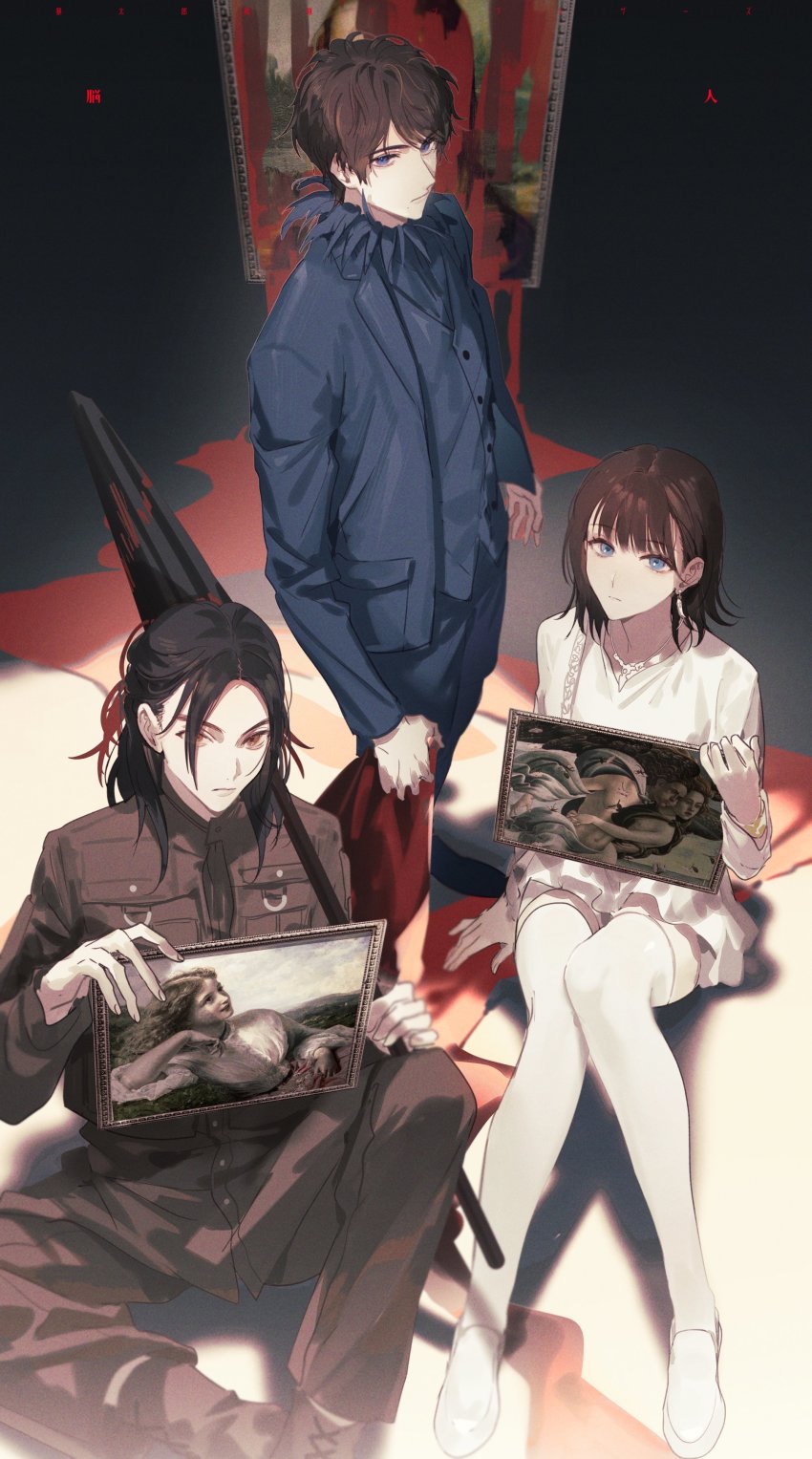 1girl 2boys absurdres animification avataro_sentai_donbrothers blood bloody_weapon blue_eyes blue_jacket blue_pants blue_vest brown_eyes brown_jacket brown_pants doran_(doran7280) fine_art_parody hair_over_one_eye highres jacket long_hair mona_lisa multiple_boys oil-paper_umbrella painting_(object) pants parody ponytail short_hair skirt sonoi_(donbrothers) sononi_(donbrothers) sonoza_(donbrothers) super_sentai thighhighs umbrella vest weapon white_jacket white_skirt white_thighhighs