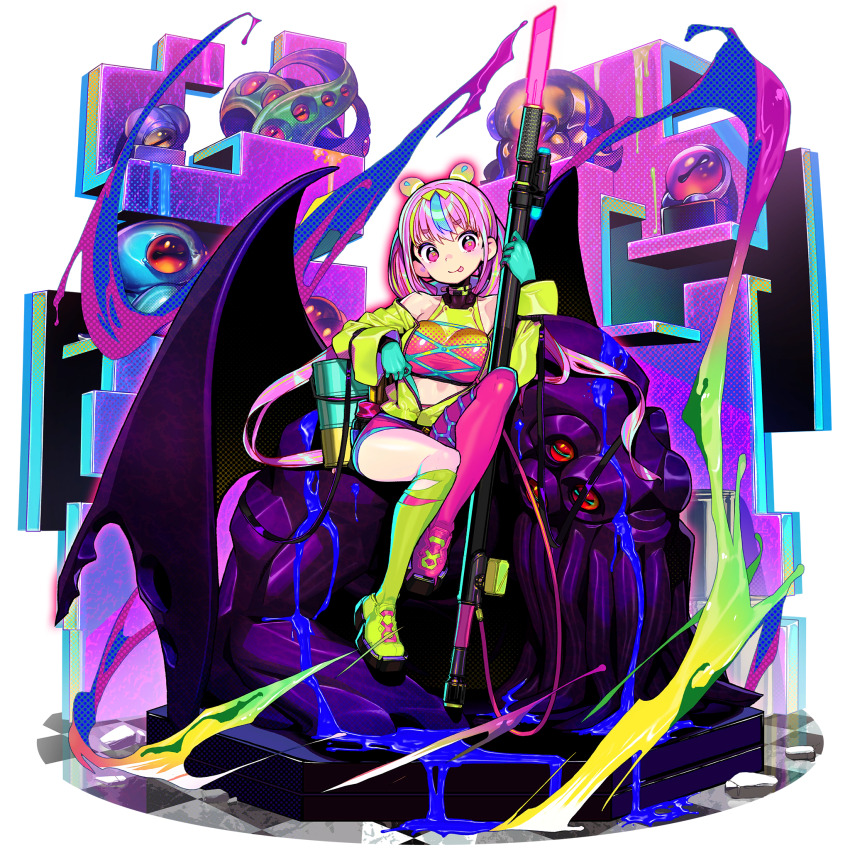 1girl :p asymmetrical_legwear bat_wings blonde_hair blue_hair bucket faux_figurine game_cg girls&#039;_frontline girls&#039;_frontline_neural_cloud gloves green_hair green_jacket highres jacket navel official_art onono_imoko open_clothes open_jacket paint pink_eyes pink_hair puzzle_(neural_cloud) sitting smile solo symbol-shaped_pupils third-party_source tongue tongue_out transparent_background wings x-shaped_pupils