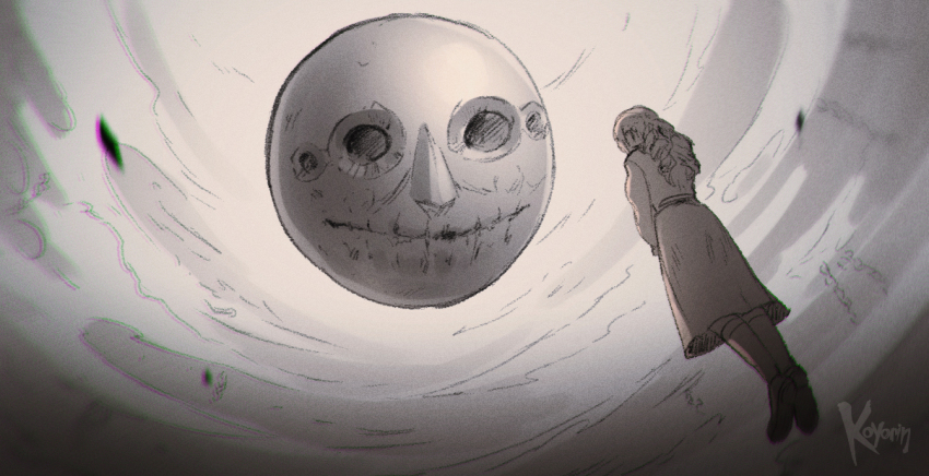 1girl artist_name chromatic_aberration commentary english_commentary fear_&amp;_hunger_(series) fear_&amp;_hunger_2:_termina floating kneehighs koyorin long_hair long_sleeves marina_(fear_&amp;_hunger) monochrome moon moon_with_face parody rher_(fear_&amp;_hunger) sepia shoes skirt socks solo the_duskbloods