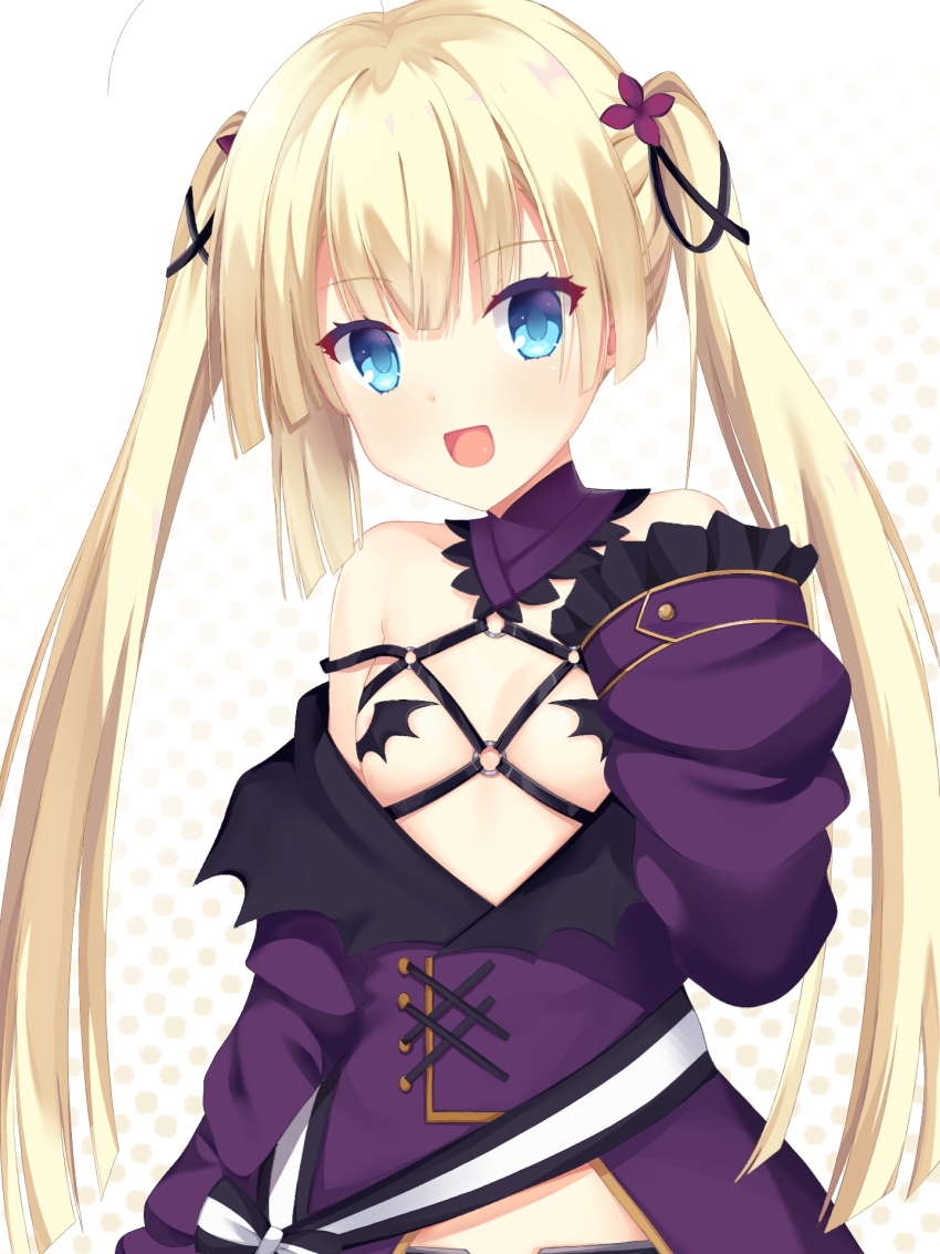 1girl :d ahoge bare_shoulders belt black_belt black_ribbon blue_eyes blunt_ends blush breasts commentary_request cosplay dress eyelashes eyes_visible_through_hair frilled_sleeves frills hair_ribbon hand_up highres long_hair looking_at_viewer o-ring open_mouth polka_dot polka_dot_background purple_dress ribbon shirayuki_noa sidelocks simple_background sleeves_past_fingers sleeves_past_wrists small_breasts smile solo straight_hair strap_slip tanikaze_amane tanikaze_amane_(cosplay) tenshi_souzou_re-boot! twintails upper_body user_jhgn8474 very_long_hair viz_(tenshi_souzou_re-boot!) white_background wide_sleeves