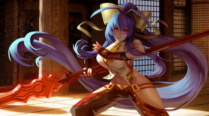 1girl absurdly_long_hair antenna_hair backlighting black_gloves black_pants blazblue blazblue:_cross_tag_battle blue_hair bow breasts commentary dudeunderscore english_commentary female_focus fighting_stance fingerless_gloves genderswap genderswap_(mtf) gloves hair_ribbon halterneck highres hip_vent holding holding_behind_back holding_weapon indoors large_breasts long_hair lowleg lowleg_pants mai_natsume making-of_available navel no_bra outseal pants pink_eyes polearm ponytail revealing_clothes ribbon sideboob sleeveless solo spear twitter_username very_long_hair weapon yellow_bow yellow_ribbon zipper_pull_tab