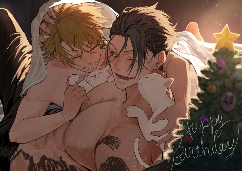 2boys :3 animal bakshi_christensen barefoot black_hair black_pants blonde_hair cat christmas_tree closed_eyes couple ear_piercing english_text fingernails giancarlo_bourbon_del_monte grin hair_between_eyes hand_on_another&#039;s_head happy happy_birthday highres large_pectorals light_particles lucky_dog_1 male_focus miyamoyan multiple_boys muscular muscular_male one_eye_closed open_mouth pants pectorals piercing sharp_fingernails short_hair smile tattoo teeth topless_male under_covers white_cat yaoi