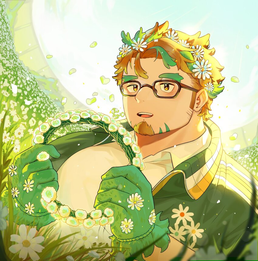 blonde_hair blush facial_hair field flower flower_field flower_wreath glass gloves goatee green_hair hair_flower hair_ornament highres hippolytus_(housamo) kiekoio mountain orange_eyes petals tokyo_houkago_summoners
