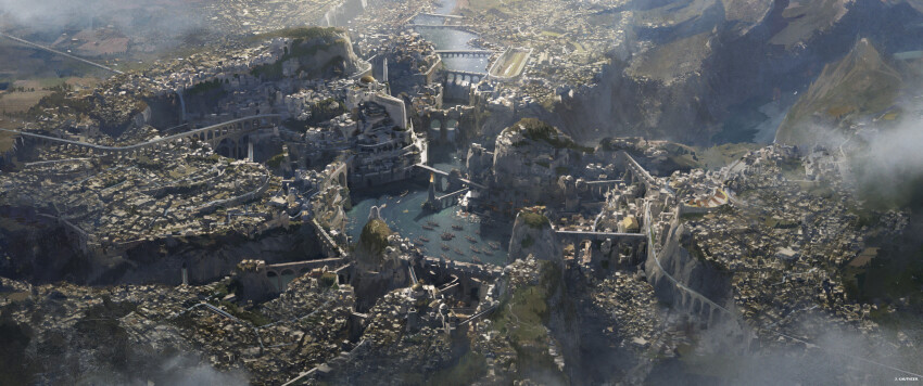 absurdres aqueduct boat bridge canyon city cliff dome fantasy from_above highres landscape mountain no_humans numenor official_art renart rings_of_power river scenery tolkien&#039;s_legendarium watercraft