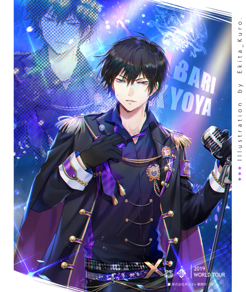 1boy black_gloves black_hair black_jacket black_shirt blue_eyes commentary_request concert ekita_kuro gloves glowstick hibari_kyouya highres holding holding_microphone idol idol_clothes jacket katekyo_hitman_reborn! loose_necktie male_focus microphone microphone_stand necktie purple_necktie shirt short_hair stage stage_lights sweat