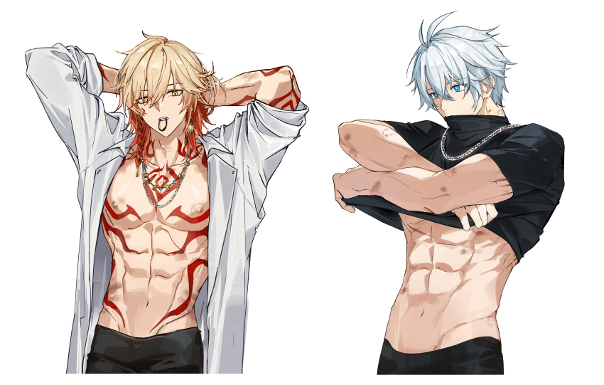 2boys abs absurdres adjusting_hair alternate_costume antenna_hair arm_tattoo arms_up bite_mark black_pants black_shirt blonde_hair blue_eyes braid chest_tattoo chinese_commentary clothes_lift collared_shirt commentary_request facial_tattoo gradient_hair hair_between_eyes hair_tie_in_mouth hands_up hickey highres honkai:_star_rail honkai_(series) jewelry male_focus medium_hair migan mouth_hold multicolored_hair multiple_boys mydei_(honkai:_star_rail) necklace open_clothes open_shirt pants phainon_(honkai:_star_rail) red_hair red_tattoo shirt shirt_lift short_hair side_braid simple_background tattoo toned toned_male turtleneck white_background white_hair white_shirt yellow_eyes
