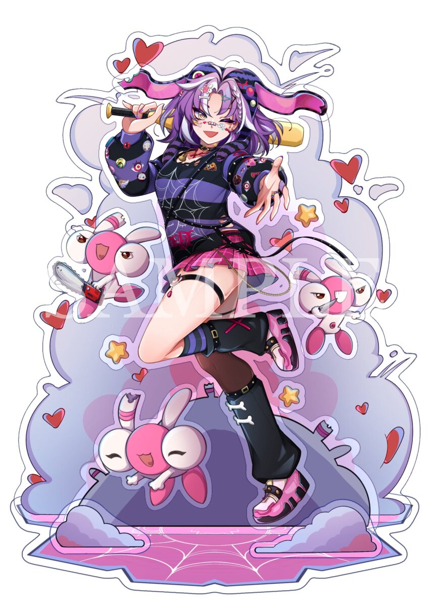 1girl acrylic_stand_(medium) animal_hood bandaid bandaid_on_face bandaid_on_nose black_leg_warmers black_shirt bone_hair_ornament breasts general_geega hair_ornament heart hen_squad_(henya_the_genius) henya_the_genius highres holding holding_microphone hood jared_(michi_mochievee) leg_warmers looking_at_viewer medium_breasts michi_mochievee michi_mochievee_(teen) microphone misakii_art multicolored_hair official_alternate_costume official_alternate_hairstyle official_art one_eye_closed open_mouth patchwork_skin purple_hair purple_shirt rabbit_hood sample_watermark shirt smile solo star_(symbol) star_hair_ornament streaked_hair striped_clothes striped_shirt thigh_strap virtual_youtuber vshojo watermark white_background white_hair