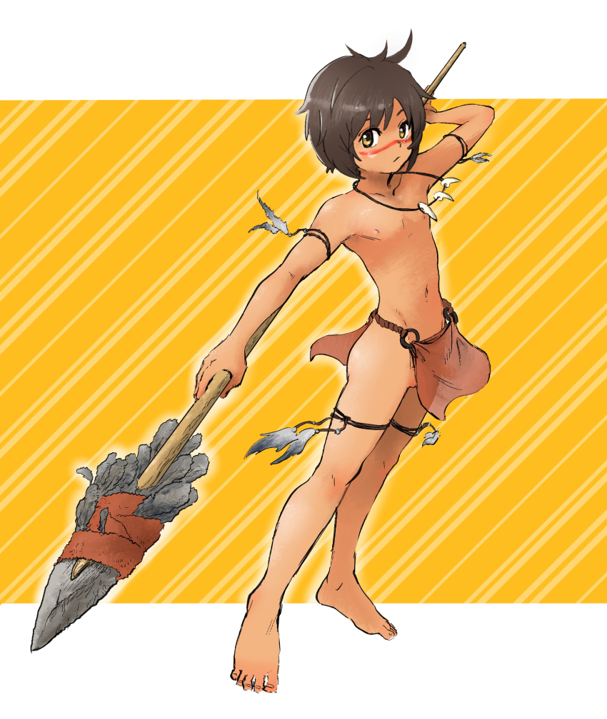 1boy barefoot border brown_hair holding holding_polearm holding_spear holding_weapon jewelry loincloth male_focus mog300n necklace original polearm shota solo solo_focus spear tan topless_male tribal weapon yellow_background