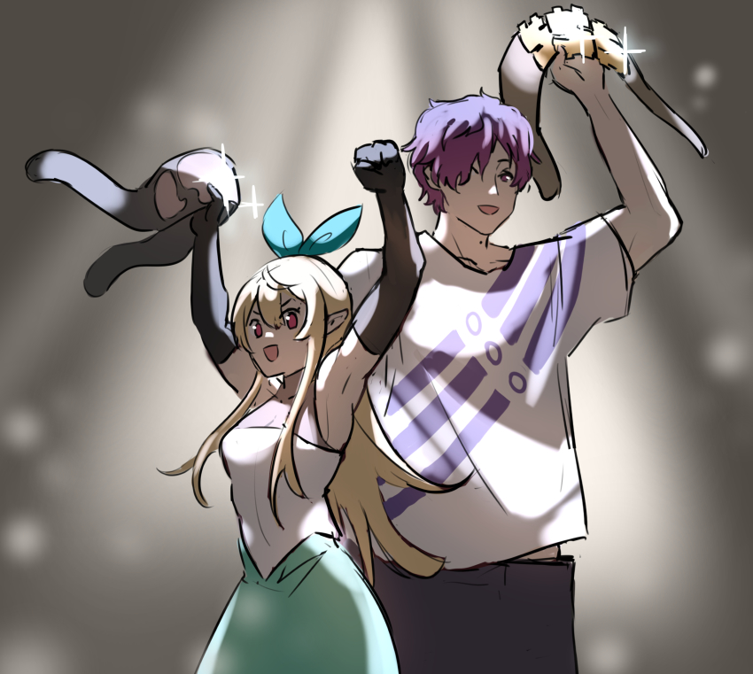 1boy 1girl absurdres adapted_costume arm_up arms_up belt black_gloves black_pants blouse celebration championship_belt commentary elbow_gloves english_commentary gloves green_ribbon green_skirt hair_between_eyes hair_ornament hair_over_one_eye hair_ribbon highres holding holding_belt long_hair long_skirt maplesights million_dollar_championship multicolored_shirt nijisanji nijisanji_en pants pomu_rainpuff purple_eyes purple_shirt red_eyes ribbon shirt sidelocks skirt sleeveless sleeveless_shirt sparkle uki_violeta v-shaped_eyebrows virtual_youtuber white_shirt wwe