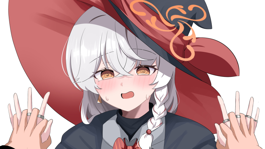 1girl 1other @_@ black_robe blue_archive blush bow eri_(blue_archive) hair_between_eyes halo hat highres holding holding_hands jewelry open_mouth orange_eyes orange_halo red_bow ring robe sabnak66 sensei_(blue_archive) shirt simple_background sweat white_background white_hair white_shirt witch_hat