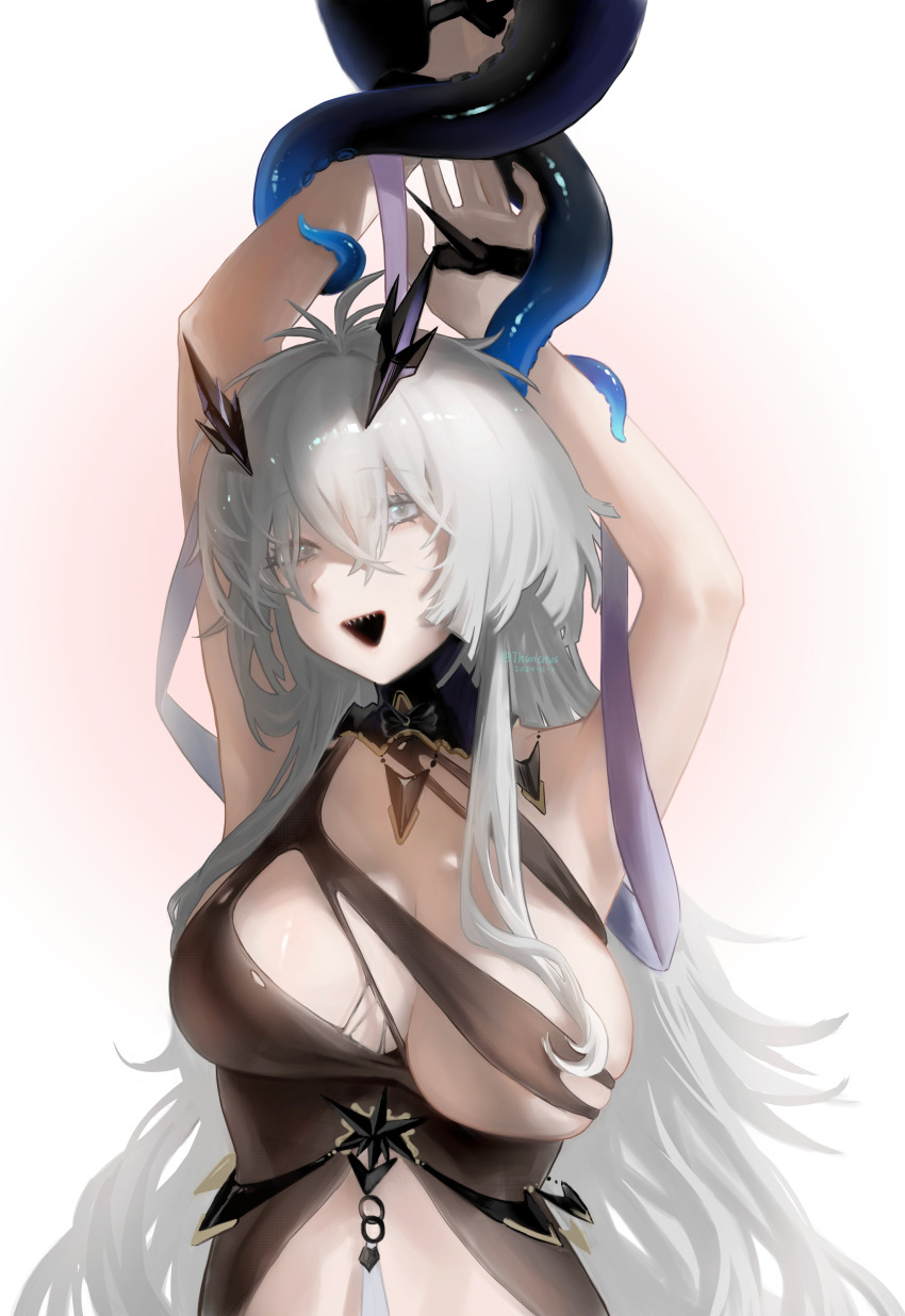 1girl absurdres arms_up azur_lane bare_shoulders breasts dress fancy_(azur_lane) grey_hair highres large_breasts long_hair looking_at_viewer open_mouth sharp_teeth simple_background solo teeth tentacles thanatus torn_clothes torn_dress upper_body very_long_hair white_eyes