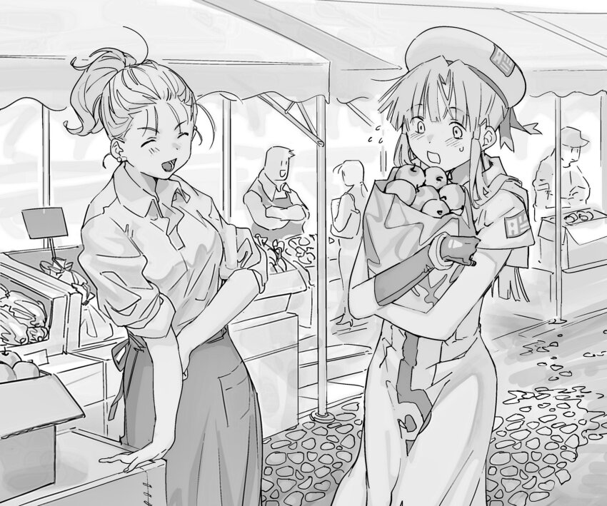 2girls :d ^_^ absurdres apple aria_(manga) aria_company_uniform arm_support bad_id bad_twitter_id bag box cardboard_box character_request closed_eyes collared_shirt dress flying_sweatdrops food fruit greyscale hair_tubes hat highres holding holding_bag inactive_account long_hair market market_stall mizunashi_akari monochrome multiple_girls open_mouth outdoors paper_bag people ponytail shirt short_hair short_sleeves sidelocks skirt sleeves_rolled_up smile standing suiso_(owp)