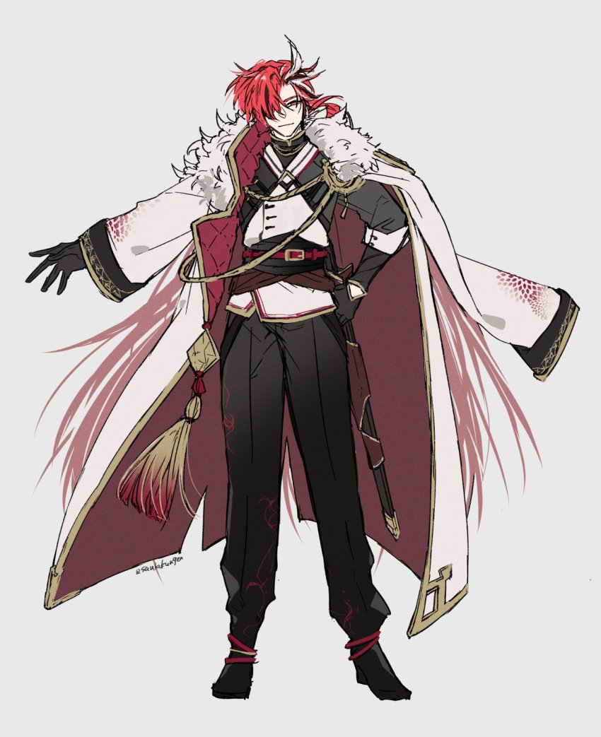 1boy aiguillette alternate_costume arm_out_of_sleeve belt black_footwear black_gloves black_hair black_pants black_shirt coat fate/grand_order fate_(series) full_body fur-trimmed_coat fur_trim gloves grey_background hair_over_one_eye hand_on_own_hip highres light_smile long_hair looking_at_viewer male_focus masaki_(star8moon) multicolored_hair outstretched_arm pants red_belt red_eyes red_hair sheath sheathed shirt simple_background solo streaked_hair takasugi_shinsaku_(fate) tassel two-sided_fabric white_coat white_hair