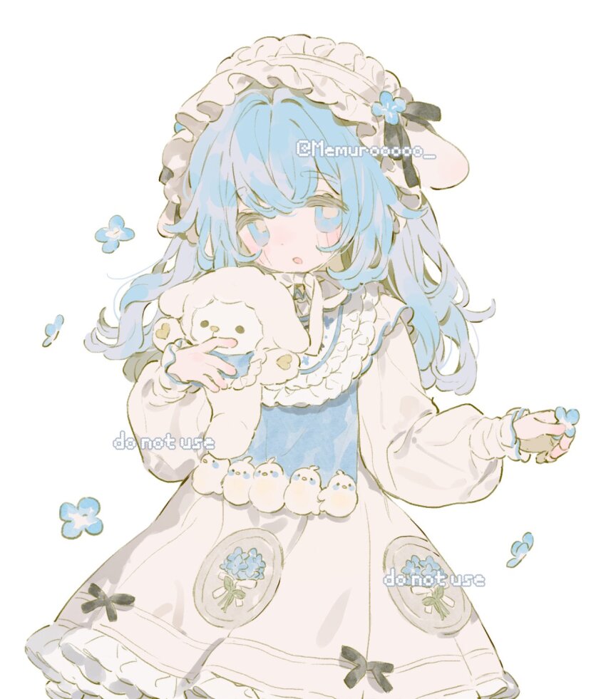 1girl animal animal_ears blue_eyes blue_flower blue_hair blush bonnet bow cowboy_shot dress flower frilled_bonnet frilled_dress frills hair_flower hair_ornament highres holding holding_animal long_hair long_sleeves memuro original puffy_sleeves sample_watermark watermark white_background white_dress