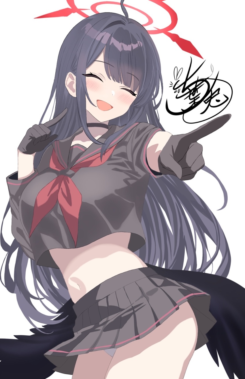 +++ 1girl :d ^_^ ahoge black_choker black_gloves black_hair black_serafuku black_shirt black_skirt black_wings blue_archive blunt_bangs chinoha_usagi choker closed_eyes commentary_request cowboy_shot facing_viewer feathered_wings gloves hair_ornament hairclip half_gloves halo happy heart highres ichika_(blue_archive) index_fingers_raised long_hair low_wings midriff miniskirt navel open_mouth panties pleated_skirt pointing pointing_at_viewer red_halo school_uniform serafuku shirt short_sleeves signature simple_background single_hair_intake skirt smile solo straight_hair textless_version underwear very_long_hair white_background white_panties wings