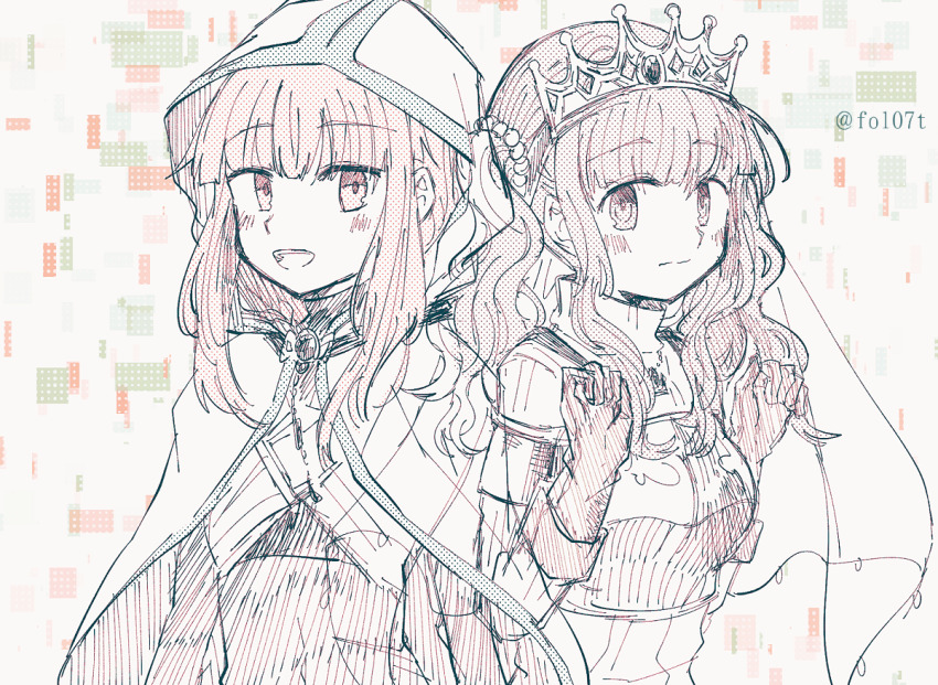 2girls :d armor arms_at_sides beads blunt_bangs blush bodystocking breastplate cloak closed_mouth crown fold-over_gloves futaba_sana gem hair_beads hair_ornament halftone hands_up hood hood_up hooded_cloak limited_palette long_sleeves looking_at_another magia_record:_mahou_shoujo_madoka_magica_gaiden mahou_shoujo_madoka_magica multiple_girls navel open_mouth ribbed_sweater sidelocks sketch smile split_mouth sweater tamaki_iroha teeth totte turtleneck turtleneck_crop_top twintails upper_body upper_teeth_only veil wavy_mouth