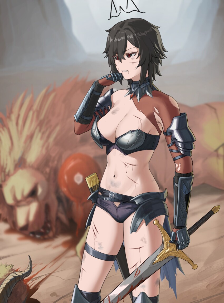 1girl after_battle armor belt bikini_armor black_hair blood bloody_weapon blurry blurry_background boots breasts catherine_(sedai) cleavage commentary cuts detached_collar dirt drawn_ears elbow_gloves english_commentary gauntlets gloves hair_between_eyes hand_on_own_face hand_up highres holding holding_sword holding_weapon indoors injury knee_boots looking_ahead medium_breasts medium_hair messy_hair micro_shorts midriff navel open_mouth original outdoors red_eyes sedai serious sheath shorts solo sweat sword thigh_strap torn_clothes weapon