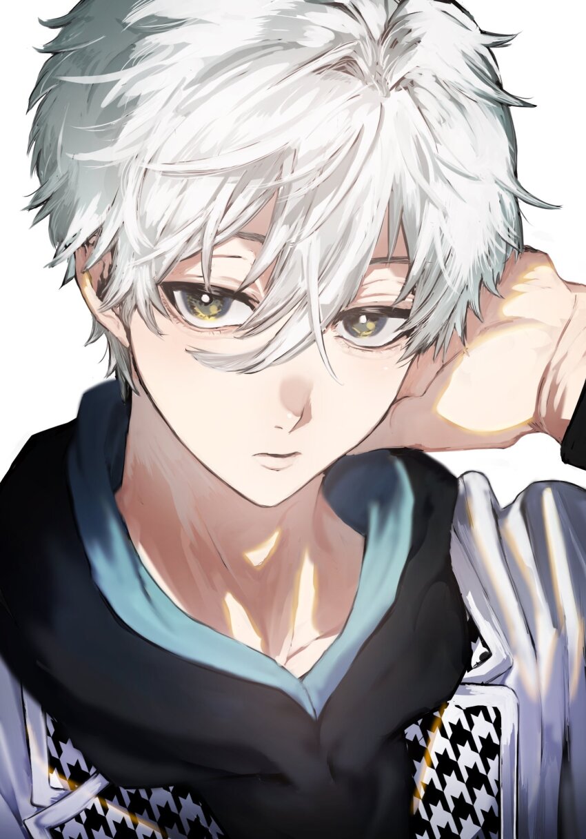 1boy black_eyes black_hoodie blue_lock closed_mouth hand_up highres hood hood_down hoodie jacket male_focus nagi_seishirou naka_(58hrprtr) short_hair simple_background solo upper_body white_background white_hair white_jacket