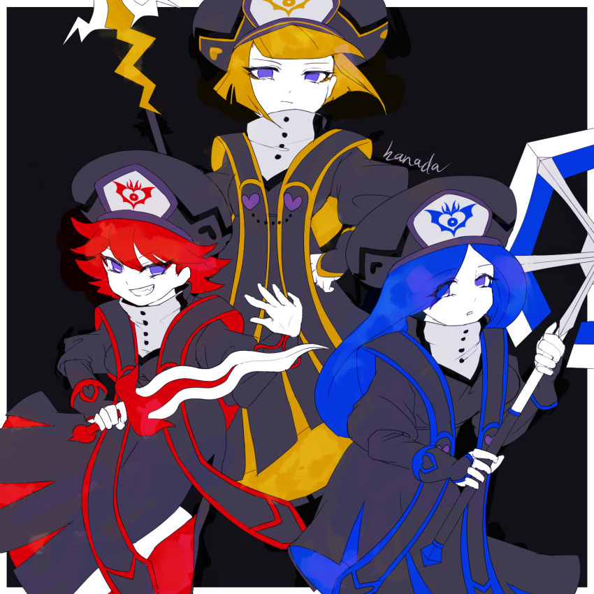 3girls axe black_background blonde_hair blue_eyes blue_hair flamberge_(kirby) francisca_(kirby) francishsie grin hanada_(cobalt003) hat highres kirby_star_allies kirby_(series) long_hair military military_hat military_uniform multiple_girls nintendo polearm red_hair short_hair smile spear sword weapon zan_partizanne