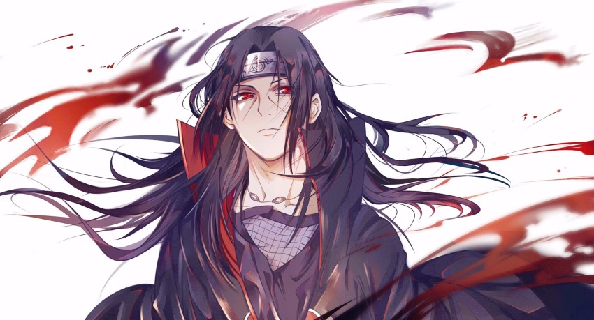 1boy akatsuki_uniform black_hair closed_mouth cris_axiomatic forehead_protector highres jewelry long_hair looking_at_viewer male_focus naruto_(series) naruto_shippuuden necklace red_eyes sharingan simple_background solo uchiha_itachi upper_body white_background