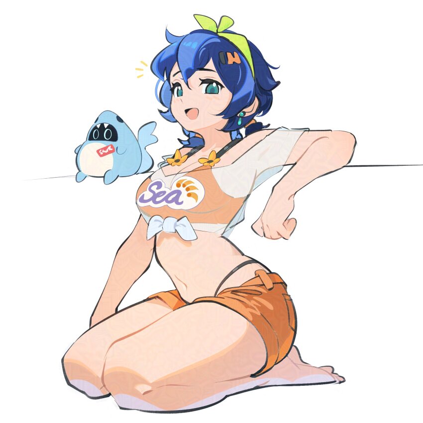 1girl absurdres bangboo_(zenless_zone_zero) barefoot bea_lenoir belle_(summer_skies)_(zenless_zone_zero) belle_(zenless_zone_zero) bikini blue_eyes blue_hair blush breasts cleavage crop_top earrings green_headband hair_ornament headband highres jewelry looking_at_viewer medium_breasts midriff navel official_alternate_costume open_mouth orange_bikini orange_shorts see-through_clothes seiza short_hair short_shorts shorts simple_background sitting smile solo strap string_bikini swimsuit zenless_zone_zero