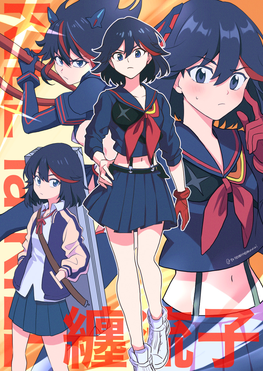 1girl absurdres artist_name black_eyes black_hair black_skirt character_name collarbone copyright_name gloves hands_in_pockets highres kill_la_kill looking_at_viewer matoi_ryuuko midriff multicolored_hair multiple_views neckerchief red_gloves red_hair red_neckerchief senketsu single_glove skirt streaked_hair suspender_skirt suspenders totemonemuuui two-tone_hair