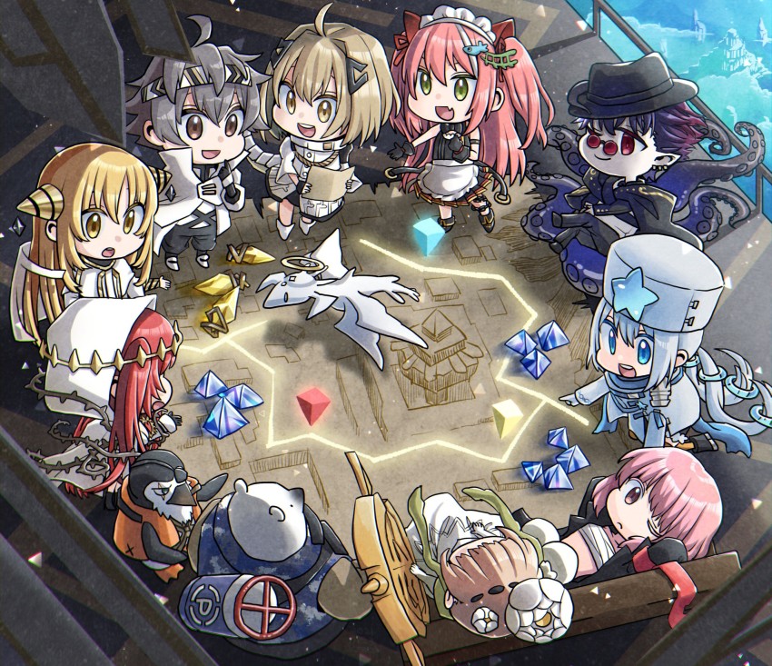 4boys alchemy_stars apron barbara_(alchemy_stars) bear bird blonde_hair blue_eyes brown_eyes chest_sarashi dragon gas_can grey_hair hair_ornament hat highres hiiro_(alchemy_stars) hood irridon_(alchemy_stars) kleken_(alchemy_stars) kuma_and_pengy_(alchemy_stars) maid_apron maid_headdress map multiple_boys multiple_girls navigator_(alchemy_stars) nikinis_(alchemy_stars) noah_(alchemy_stars) pact_(alchemy_stars) penguin pink_hair red_hair sarashi soroz_(alchemy_stars) sunglasses tentacles top_hat vice_(alchemy_stars) yellow_eyes