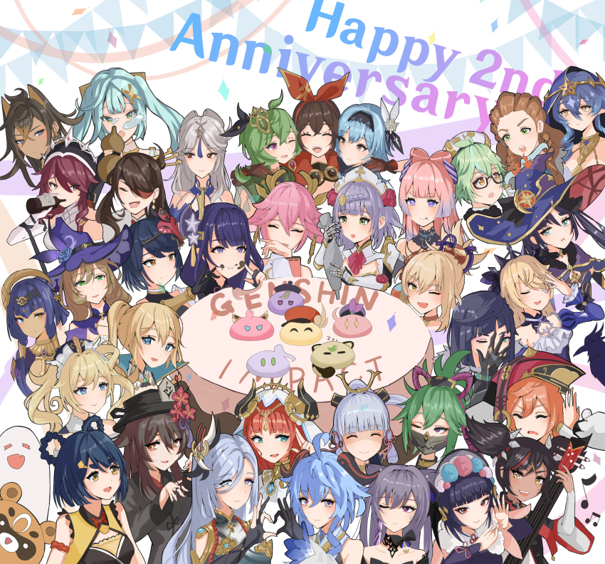 6+girls :d :o :t absolutely_everyone absurdres ahoge aloy_(horizon) amber_(genshin_impact) aqua_hair ayaka_(genshin_impact) barbara_(genshin_impact) beidou_(genshin_impact) black_hair black_hairband blonde_hair blue_hair boo_tao_(genshin_impact) brown_hair candace_(genshin_impact) closed_eyes collei_(genshin_impact) commentary_request cone_hair_bun crossed_bangs crossover dehya_(genshin_impact) diona_(genshin_impact) dori_(genshin_impact) eula_(genshin_impact) everyone faruzan_(genshin_impact) fischl_(genshin_impact) ganyu_(genshin_impact) genshin_impact green_eyes green_hair grey_hair guoba_(genshin_impact) hair_between_eyes hair_bun hair_ornament hair_rollers hairband heart heart_hands heart_hands_duo heterochromia highres horizon_(video_game) horizon_zero_dawn hu_tao_(genshin_impact) jean_(genshin_impact) keqing_(genshin_impact) klee_(genshin_impact) kujou_sara kuki_shinobu layla_(genshin_impact) light_blue_hair light_blush lisa_(genshin_impact) long_hair markofmuse mixed-language_commentary mona_(genshin_impact) multiple_girls nilou_(genshin_impact) ningguang_(genshin_impact) noelle_(genshin_impact) one_eye_closed open_mouth orange_eyes oz_(genshin_impact) pink_hair purple_eyes purple_hair qiqi_(genshin_impact) raiden_shogun red_eyes red_hair rosaria_(genshin_impact) sangonomiya_kokomi sayu_(genshin_impact) shenhe_(genshin_impact) smile sucrose_(genshin_impact) symbol-shaped_pupils teeth triangle-shaped_pupils twintails upper_teeth_only very_long_hair x_hair_ornament xiangling_(genshin_impact) xinyan_(genshin_impact) yae_miko yanfei_(genshin_impact) yelan_(genshin_impact) yoimiya_(genshin_impact) yun_jin_(genshin_impact)