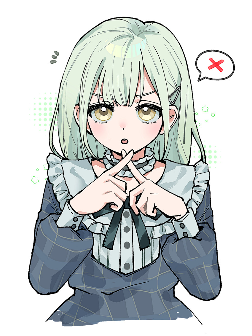 1girl :o bang_dream! bang_dream!_it&#039;s_mygo!!!!! black_ribbon blush buttons choker cropped_torso crossed_fingers dotted_background dress fanged_bangs frilled_choker frilled_shirt_collar frills green_hair grey_dress hair_ornament hairclip highres kenkou_ni_yoku_nai!_(bang_dream!) long_hair long_sleeves looking_at_viewer micaaaa mortis_(bang_dream!) mortis_(persona)_(bang_dream!) neck_ribbon notice_lines open_mouth plaid_clothes plaid_dress puffy_long_sleeves puffy_sleeves puritan_collar ribbon simple_background sleeve_cuffs solo spoken_x star_(symbol) star_symbol_background straight-on straight_hair v-shaped_eyebrows wakaba_mutsumi white_background yellow_eyes