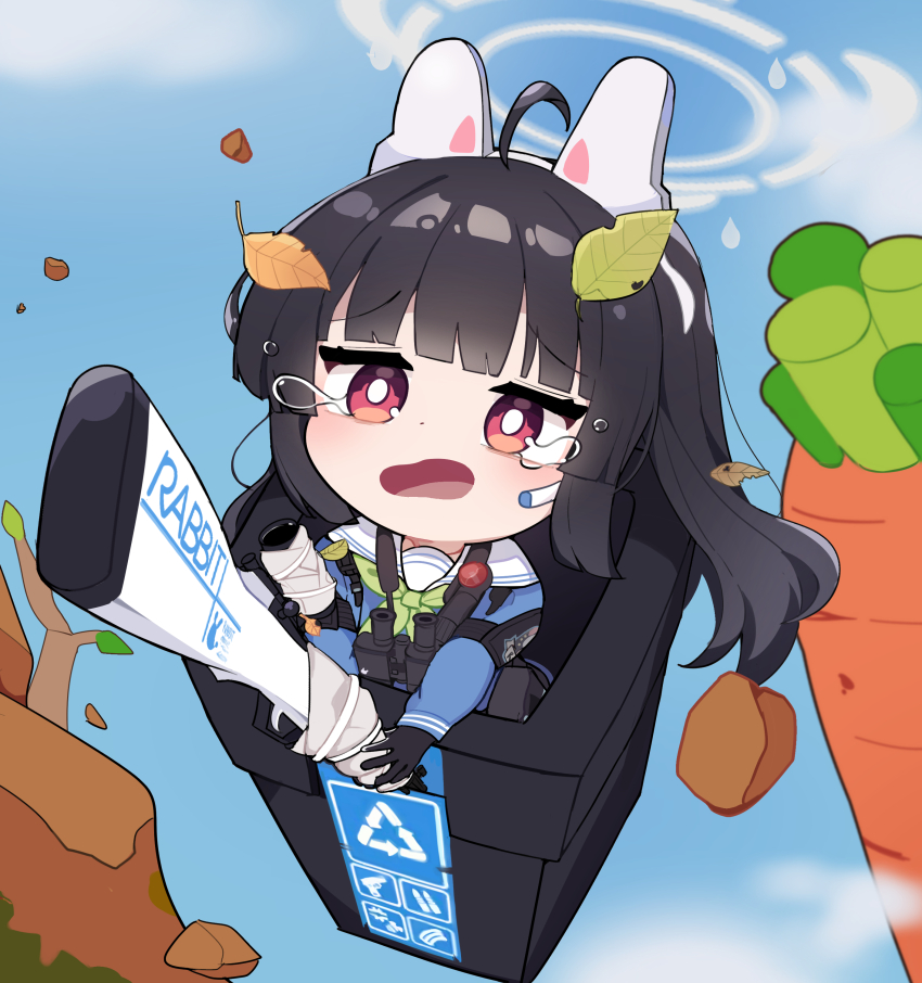 1girl absurdres ahoge animal_ears binoculars black_gloves black_hair blue_archive blue_shirt blue_sky blunt_bangs bright_pupils carrot chibi cloud commentary crying crying_with_eyes_open day fake_animal_ears falling floating_hair floating_tears furrowed_brow getting_over_it gloves green_neckerchief gun halo highres holding holding_gun holding_weapon in_container in_trash_can leaf leaf_on_head long_hair long_sleeves looking_ahead microphone midair miyu_(blue_archive) neckerchief nueong open_mouth outdoors parody rabbit_ears raised_eyebrows recycle_bin red_eyes rifle rock sailor_collar school_uniform serafuku shirt sky sniper_rifle solo tears trash_can weapon white_pupils white_sailor_collar
