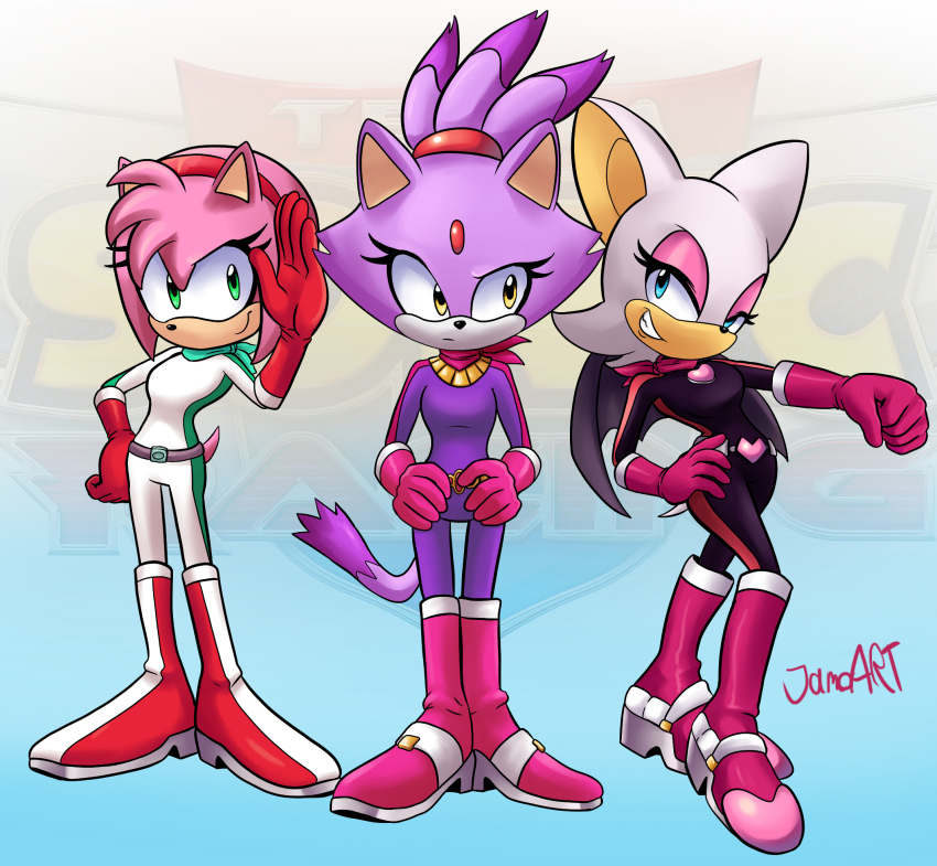3girls amy_rose animal_ears artist_name bat_ears bat_girl bat_wings blaze_the_cat blue_eyes boots cat_ears cat_girl cat_tail forehead_jewel gloves gold_necklace green_eyes green_scarf grin hairband heart hedgehog_girl highres jamoart jewelry looking_at_viewer multiple_girls necklace pink_boots pink_fur pink_gloves pink_scarf ponytail purple_fur red_footwear red_gloves red_hairband rouge_the_bat scarf smile sonic_(series) tail two-tone_jumpsuit white_fur wings yellow_eyes