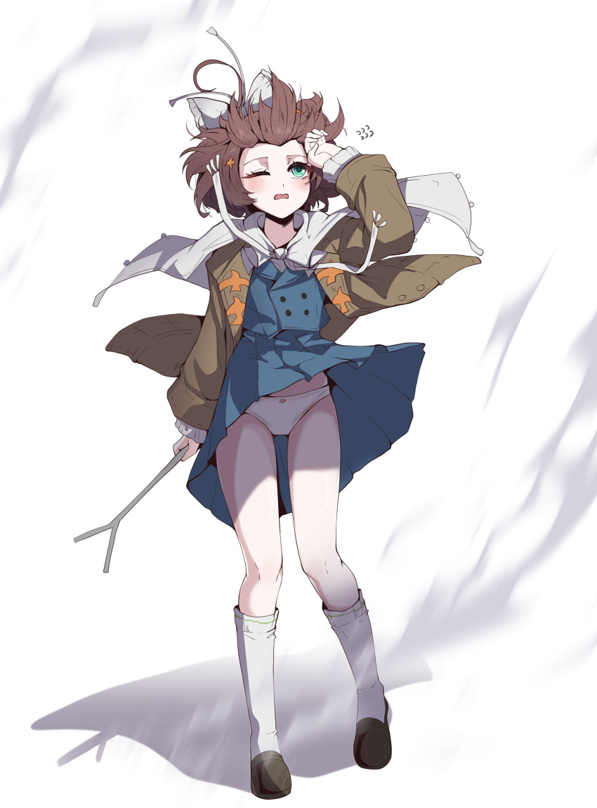 1girl ;o absurdres blue_eyes blue_skirt blue_vest bow brown_hair brown_jacket brown_shoes cape clothes_lift flutterpage full_body hair_bow hair_floating_upwards hand_on_own_head hand_up highres holding holding_rod jacket looking_up male_focus miniskirt one_eye_closed open_mouth panties pantyshot pleated_skirt reverse:1999 rod shadow shoes short_hair singwee skirt skirt_lift socks standing underwear vest white_background white_bow white_cape white_panties white_socks wind wind_lift