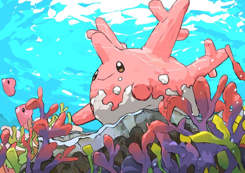 air_bubble aomon_(yuuji7604) bubble colored_skin corsola from_below gen_2_pokemon gen_3_pokemon highres luvdisc nintendo no_humans pink_skin pokemon pokemon_(creature) pokemon_focus seaweed sunlight swimming underwater water