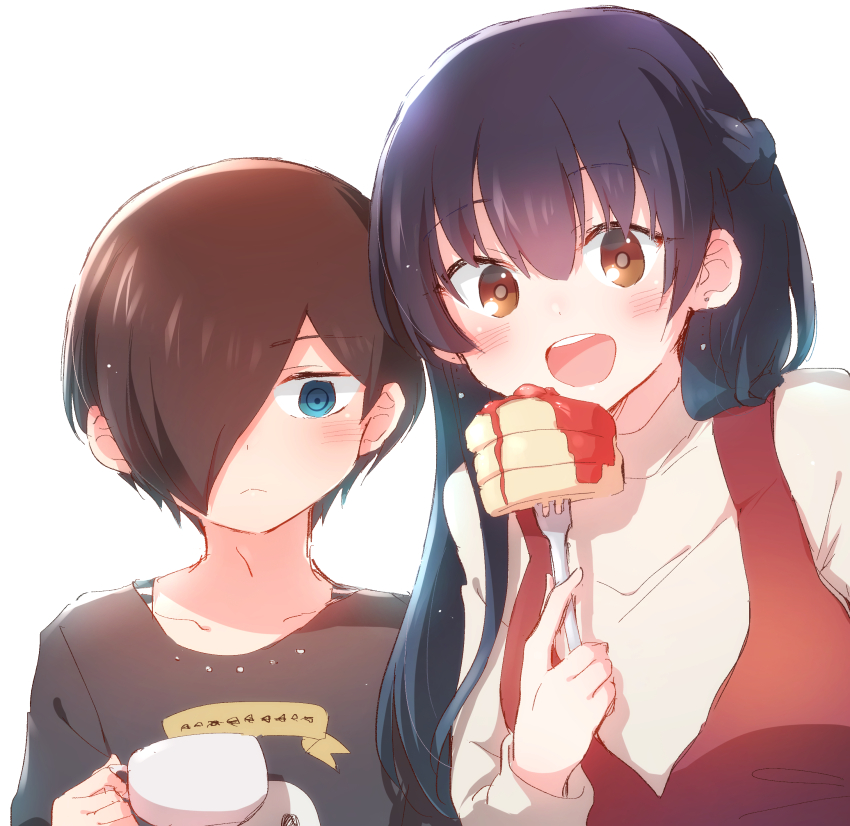 1boy 1girl absurdres black_hair black_shirt blue_eyes blush boku_no_kokoro_no_yabai_yatsu brown_eyes brown_hair closed_mouth commentary_request cup expressionless food fork hair_over_one_eye highres holding holding_cup holding_fork ichikawa_kyoutarou long_sleeves looking_at_viewer nyaa_(nnekoron) open_mouth shirt simple_background smile sweater teeth upper_body upper_teeth_only white_background yamada_anna