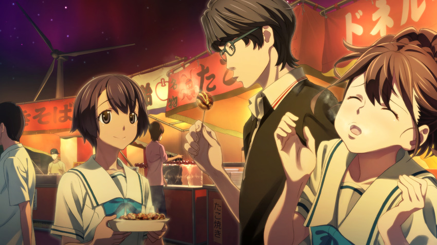 1boy 2girls 3others aurora black_hair black_shirt blowing_on_food blue_bow bob_cut bow breasts brown_hair burnt_tongue candy_apple casual chest_bow chuo_tanegashima_high_school_uniform daitoku_junna dark-skinned_female dark_skin dorayaki food fukuda_tomonori game_cg grey_eyes hair_between_eyes hands_up hidaka_subaru high_ponytail highres holding holding_food market_stall multiple_girls multiple_others night non-web_source official_art open_collar open_mouth polo_shirt ponytail ponytail_with_braided_base robotics;notes sailor_collar school_uniform senomiya_akiho shiny_eyes shirt short_hair short_sleeves sky small_breasts star_(sky) starry_sky steam steam_from_mouth summer_festival tongue wagashi white_sailor_collar white_shirt