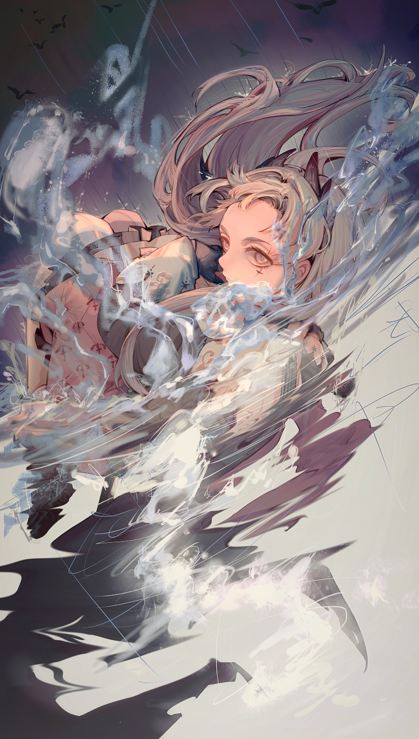 1girl absurdres arknights capelet cross_scar front-seamed_legwear grey_hair head_wings highres irene_(arknights) long_hair pantyhose pink_skirt rain refraction scar scar_across_eye scar_on_face seamed_legwear shoes simple_bird skirt solo splashing stepcacc water white_capelet white_pantyhose wings