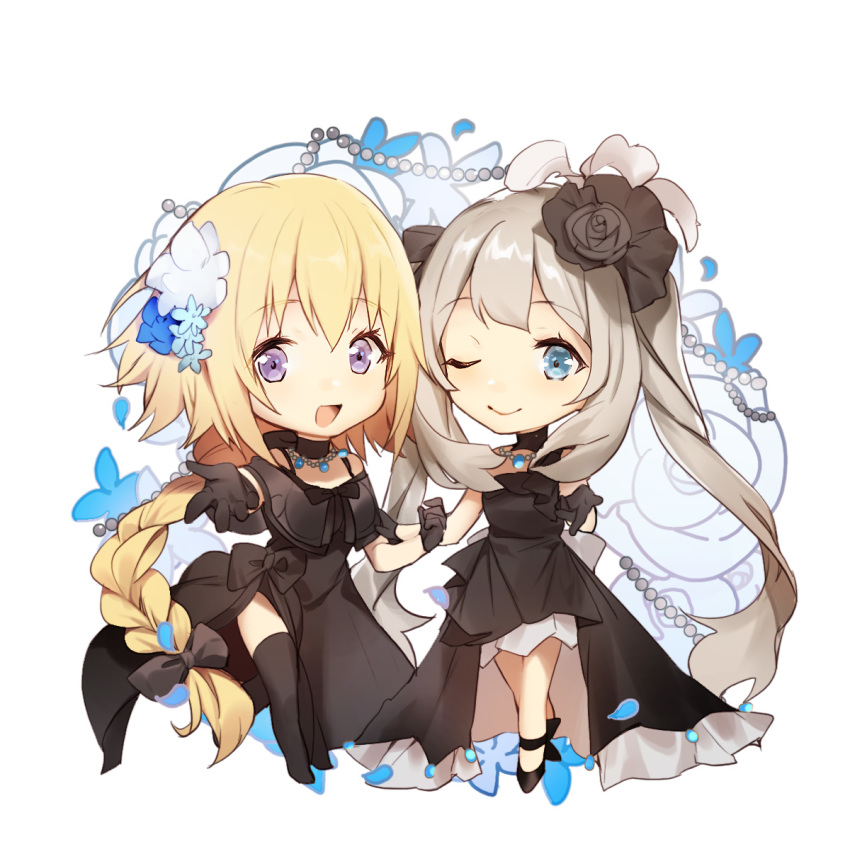 :d ;) alternate_costume ankle_ribbon bare_legs bare_shoulders black_bow black_dress black_footwear black_gloves black_legwear black_ribbon blonde_hair blue_eyes bow braid chibi dress fate/apocrypha fate/grand_order fate_(series) flower formal_clothes gloves hair_flower hair_ornament hair_ribbon hand_on_another&#039;s_arm highres jeanne_d&#039;arc_(fate) jeanne_d&#039;arc_(formal_dress)_(fate) jeanne_d&#039;arc_(ruler)_(fate) jewelry leg_ribbon long_hair looking_at_viewer marie_antoinette_(fate) marie_antoinette_(formal_dress)_(fate) neck_ribbon necklace no-kan off_shoulder official_alternate_costume one_eye_closed open_mouth outstretched_hand purple_eyes reaching ribbon side_slit silver_hair simple_background sleeveless sleeveless_dress smile thighhighs twintails white_background zettai_ryouiki